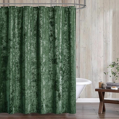 Fredsure Distressed Velvet Shower Curtain Set, 13 Pieces Blackish Green Including 1 Piece 72"x72" Shower Curtain and 12 Pieces Silver Hooks