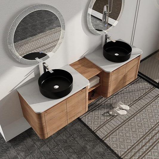 Malwee 72" Floating Bathroom Vanity with Sink, 72 Inch Wall Mounted Bathroom Cabinet Combo, Modern Double Sink Bath Storage Vanity Set, with 4 Soft Close Doors and Ceramic Vessel Basin Top(72-CC