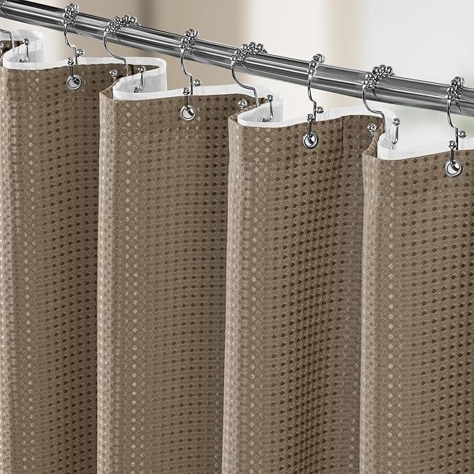 3 in 1 Shower Curtain Set, Waffle Shower Curtain and Liner Set with 12 Double Sided Shower Curtain Hooks, 258GSM Luxury Weighted Cloth Shower Curtains for Bathroom, 72 W x 84 H, Beige