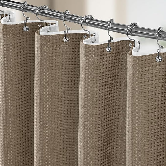 3 in 1 Shower Curtain Set, Waffle Shower Curtain and Liner Set with 12 Double Sided Shower Curtain Hooks, 258GSM Luxury Weighted Cloth Shower Curtains for Bathroom, 72 W x 84 H, Beige