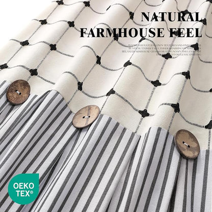 Farmhouse Shower Curtain Button Plaid-Cream-Black Stripe 72"W x 72"L | Farmhouse Style, Chic Button, Striped, Linen Fabric, Rustic, Country, Natural Look, Washable, for Bathroom Bathtub