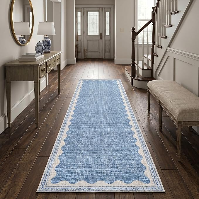 Garvee Washable Hallway Runner Rug 2x6 Runner Rug Bordered Wave Print Blue | Non Slip Entryway Rugs Foldable Non-Shedding Carpet Low Pile Stain-Resistant Indoor Soft Rugs for Laundry Kitchen Bathroom