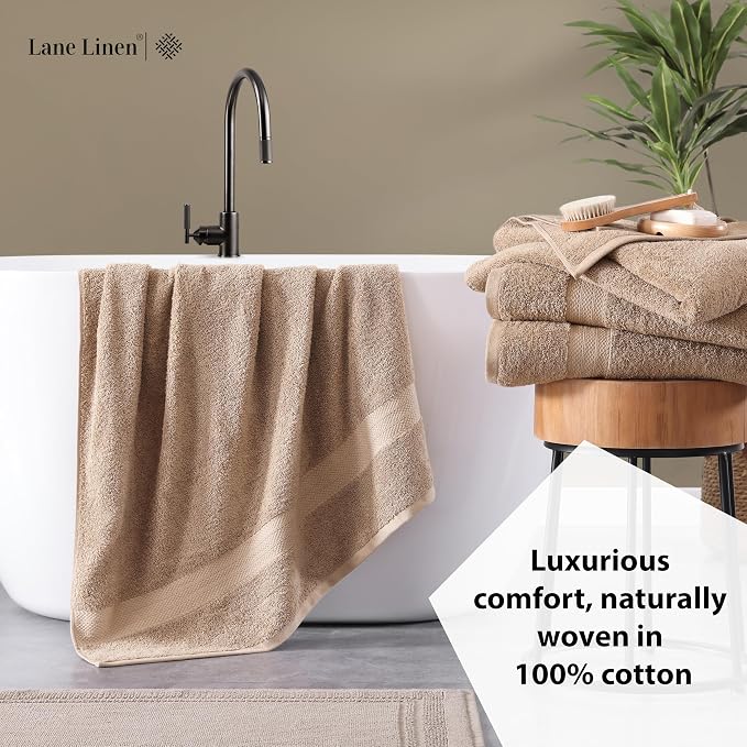 LANE LINEN Bath Towel Set 100% Cotton 4 Piece Soft Absorbent - Taupe | Cotton Bath Towels - Densely Woven, Coordinated Colors, Dobby Border Accent, OEKO-TEX Certified, Ring-Spun Durability
