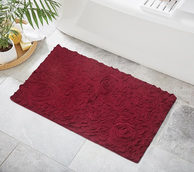 Home Weavers Bell Flower Collection 100% Cotton Tufted Bath Rugs, Extra Soft and Absorbent Bath Rugs, Non-Slip Bath Mats, Machine Washable, Bath Mats for Bathroom Floor and Tub, 24"x40" Rectangle, Red