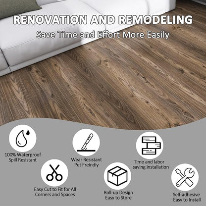 Lareko Wood Look Vinyl Flooring Roll,11.8"X630", Peel & Stick Floor Tile | Covers 52 Sq.Ft,Brown Walnut Self-Adhesive Floor Sheet ,Waterproof,Removable,Wide Plank DIY For renters and Home Decor