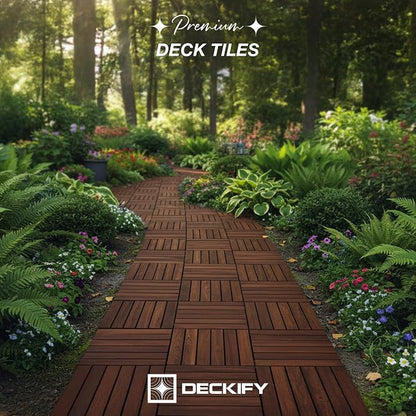 9-Piece Acacia Wood Interlocking Deck Tiles, Dark Brown Striped | 6-Slat Wide Contact, Naturally Water-Resistant, Non-Slip Grip, 490 lb Capacity, Oil-Rubbed Finish, Tool-Free, Renter-Friendly