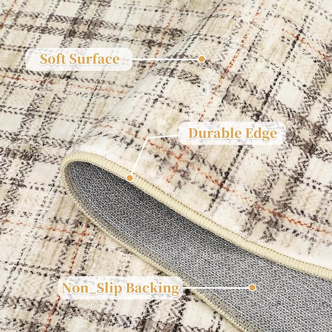 Washable Modern Tartan Plaid Non Slip Kitchen & Bedroom 2'x6' Beige Stain Resistant Throw Rug
