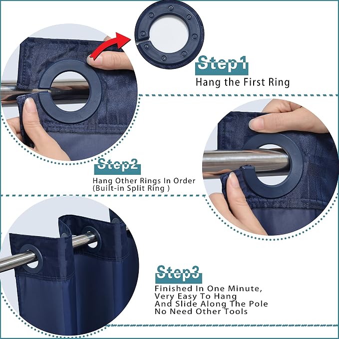 Conbo Mio Extra Long No Hook Shower Curtain with Snap in Liner Set, Hotel Luxury Navy Blue Shower Curtains for Bathroom with See Through Top Window, Waterproof, Washable 71W x 84H