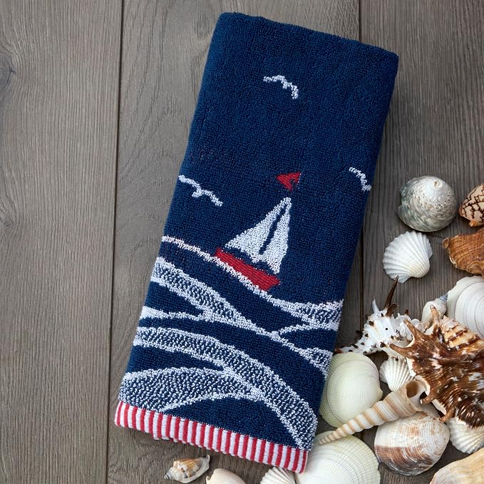 SKL Home Nautical Sailboat Waves Hand Towel Set-2pc, 100% Cotton, Navy | Plush, absorbent & reversible. Great for everyday & coastal/beach décor in the bathroom, kitchen, bar or any sink space.