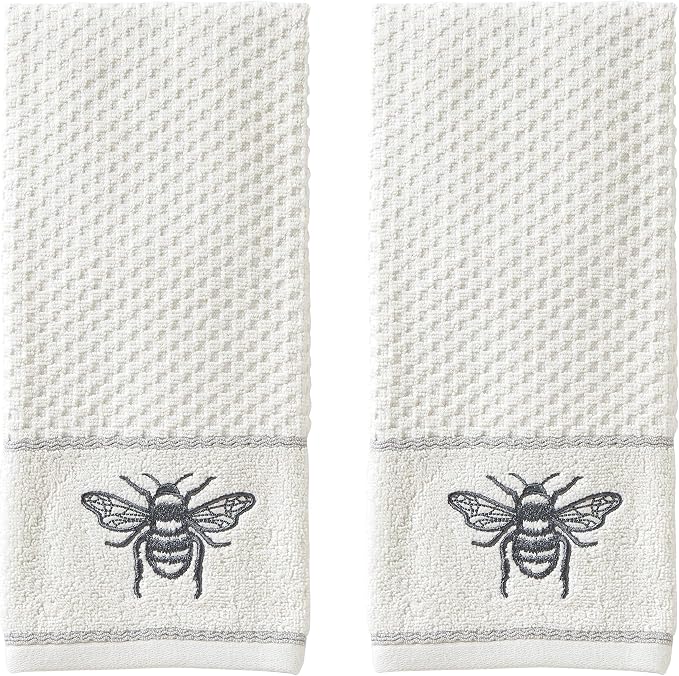 SKL Home Farmhouse Bee Hand Towel Set-2pc, 100% Cotton, Embroidered, White | Soft & absorbent terry jacquard. For use in the bathroom, kitchen, bar, or any sink space & makes a great gift.