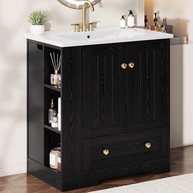 IRONCK Bathroom Vanity with Ceramic Sink, 30" Bathroom Cabinet, Black | Features a Ceramic Sink, 3 Doors, 1 Drawer and Flexible Side Storage for Organized Bathroom Storage