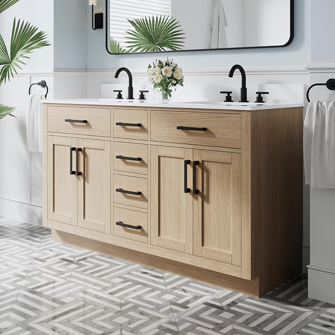60-Inch Bathroom Vanity with Double Sinks W/ 4 Doors & 4 Drawers & 2 Flip Drawers, Oak Vanity W/Matte Black Handles