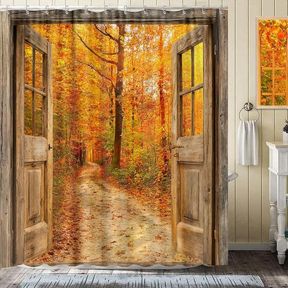 Boho Fall Forest Shower Curtain, Autumn Nature Jungle Woodland Maple Leaves Tree Shower Curtain Set, Rustic Barn Door Fabric Farmhouse Cabin Shower Curtain for Bathroom 12 Hooks, 72x72 Orange Yellow