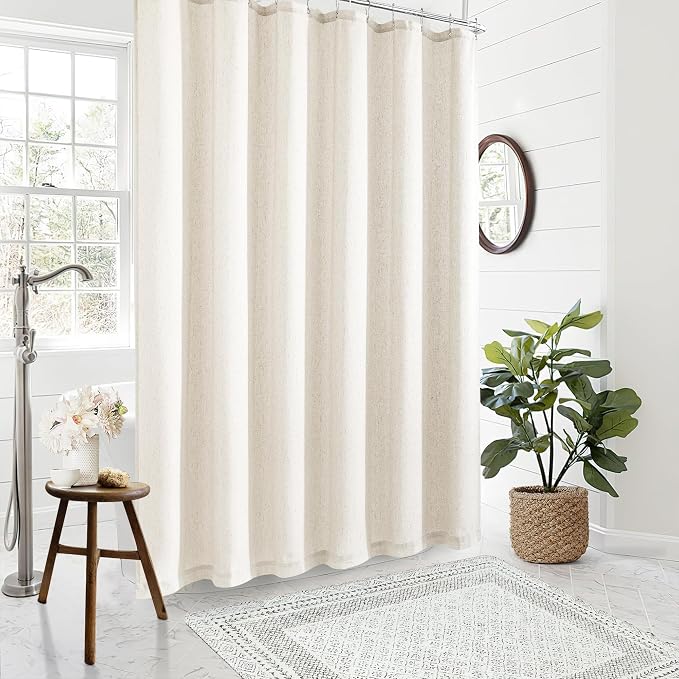 Cream Linen Shower Curtain for Bathroom Water Repellent 72x108 Inch | Extra Long, Extra Tall, Large, Shower Curtains 108 Inches Long, Hotel, Luxury Neutral, Ivory, Fabric Drapes, with Hooks Set