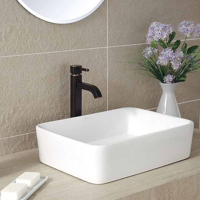 Kraus KCV-121-ORB White Rectangular Ceramic Sink with Pop Up Drain, Oil Rubbed Bronze