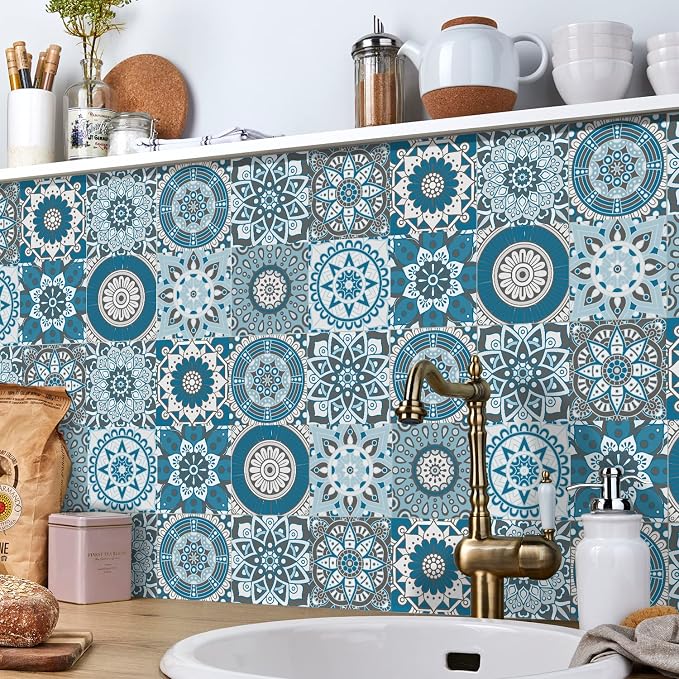 Easy Peel Stick Vinyl Moroccan Tile Decals 4x4in Stick on backsplash,24Pc | Waterproof&heat resistant tile stickers for kitchen RV laundry backsplash decor,remove no damaging,cyan mandala pattern
