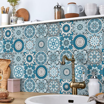 Easy Peel Stick Vinyl Moroccan Tile Decals 4x4in Stick on backsplash,24Pc | Waterproof&heat resistant tile stickers for kitchen RV laundry backsplash decor,remove no damaging,cyan mandala pattern