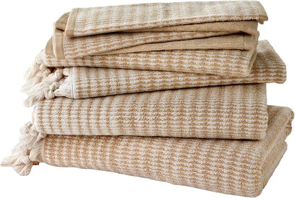 SKL Home Longborough Bath Towel Set-8pc, 100% Turkish Cotton, Tan | 2 Bath towels, 2 hand towels, 4 washcloths. 640-520 GSM weight. Spa-level quality. Soft & absorbent jacquard with tassels.