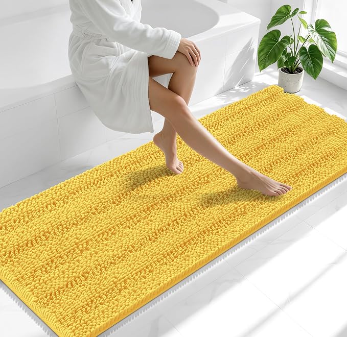 Smiry Thick Chenille Bathroom Runner Rugs 70x24, Absorbent Bath Mat, Yellow | Quick‑Dry & Machine Washable, Non‑Slip Bath Carpet, Soft Striped Bath Rugs for Tub & Shower, Modern Home Decor Accessories