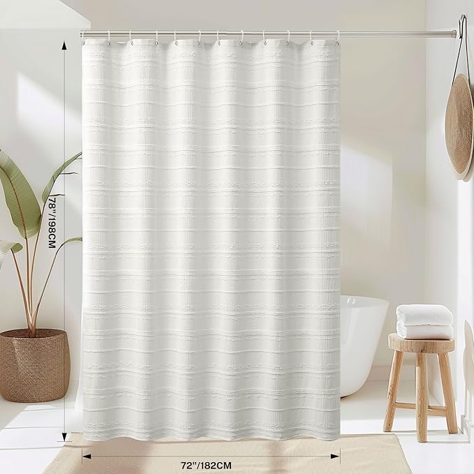 Extra Long Farmhouse White Shower Curtain Boho, 72 x 78 Cotton Blend Tufted Weave Waffle Stripe Textured Heavy Duty, Fabric Shower Curtain for Bathroom, Hotel