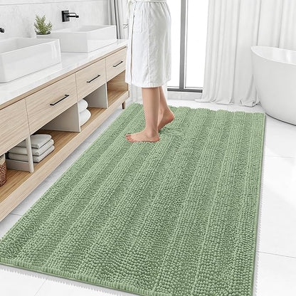 Smiry Thick Chenille Large Bathroom Runner Rugs 59x35, Bath Mat, Sage Green | Quick‑Dry & Machine Washable, Non‑Slip Bath Carpet, Soft Striped Bath Rugs for Tub & Shower, Modern Home Decor Accessories