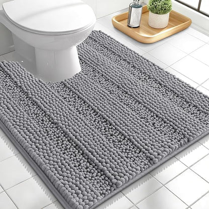 OLANLY Thick Toilet Rugs U-Shaped 24x20, Soft Chenille Bath Mat, Grey | Extra Absorbent Striped Contour Bathroom Rugs for Toilet, Dry Quickly, Machine Washable, Non-Slip