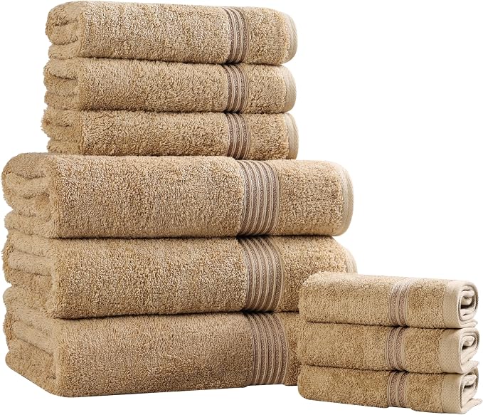 Superior Egyptian Cotton 9-Piece Towel Set, Assorted Towels for Home Bathroom, Guest Bath Decor Essentials, Includes 3 Bath, 3 Hand, 3 Face Towels/Washcloths, Quick Dry, Absorbent - Toast