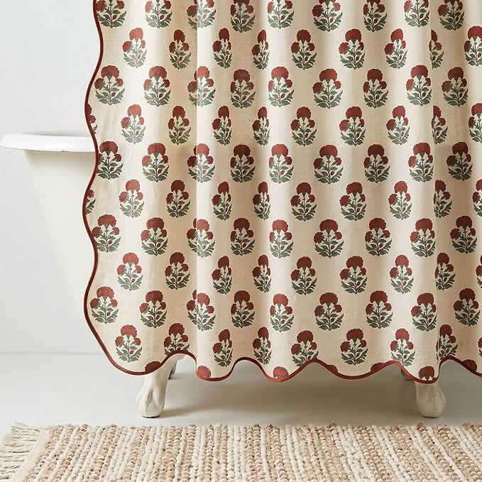 Boomkin Block Print Scalloped Shower Curtain Set with 12 Hooks | Red Shower Curtain Linen Textured Cottage Core Floral Bathroom Curtain for Vintage Farmhouse Bathroom 72 x 72 Inch