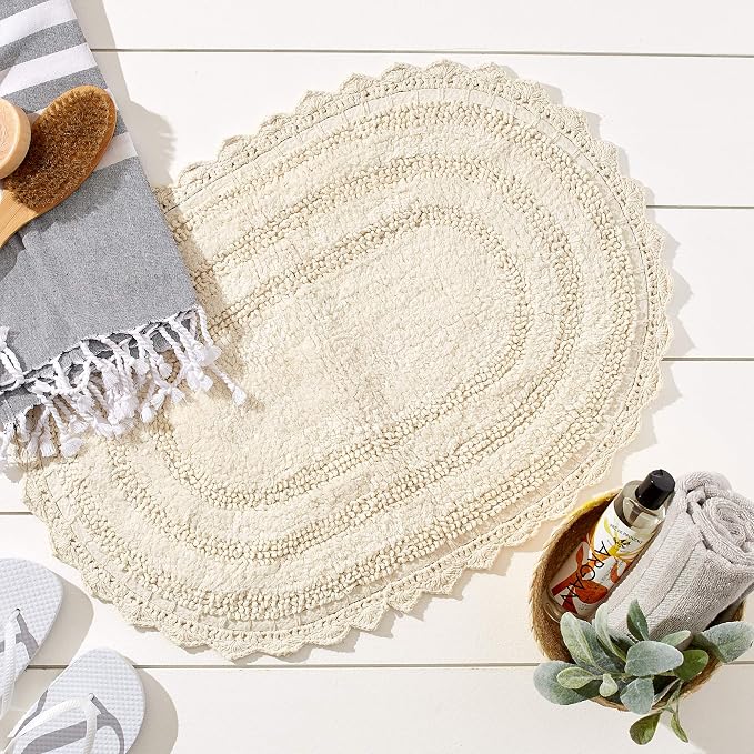 DII Crochet Collection Reversible Bath Mat, Large Oval, 21x34, Off White