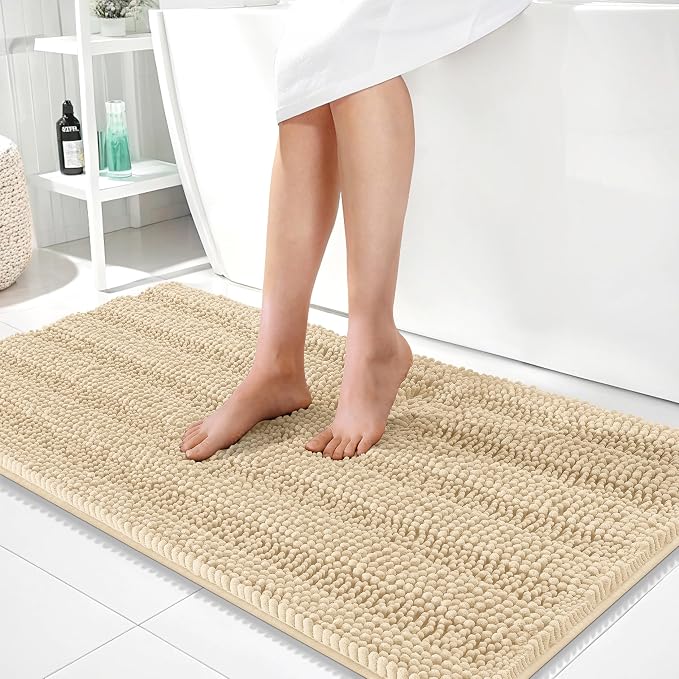 OLANLY Thick Bathroom Runner Rugs 44x24, Soft Chenille Bath Rugs, Beige | Absorbent Striped, Rubber Backing, Machine Wash, Long Bath Mats for Bathroom Floor, Tub and Shower, Home Decor Accessories