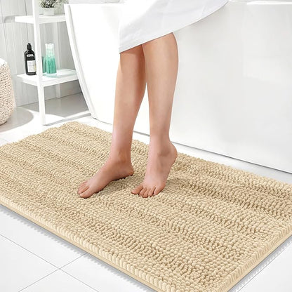 OLANLY Thick Bathroom Runner Rugs 44x24, Soft Chenille Bath Rugs, Beige | Absorbent Striped, Rubber Backing, Machine Wash, Long Bath Mats for Bathroom Floor, Tub and Shower, Home Decor Accessories