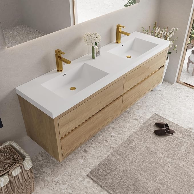 Abruzzo 72" Natural Oak Wall-Mounted Bathroom Vanity with Double Sink – Stone Resin Countertop & Soft-Close Drawers, Waterproof Wood Cabinet for Bathrooms