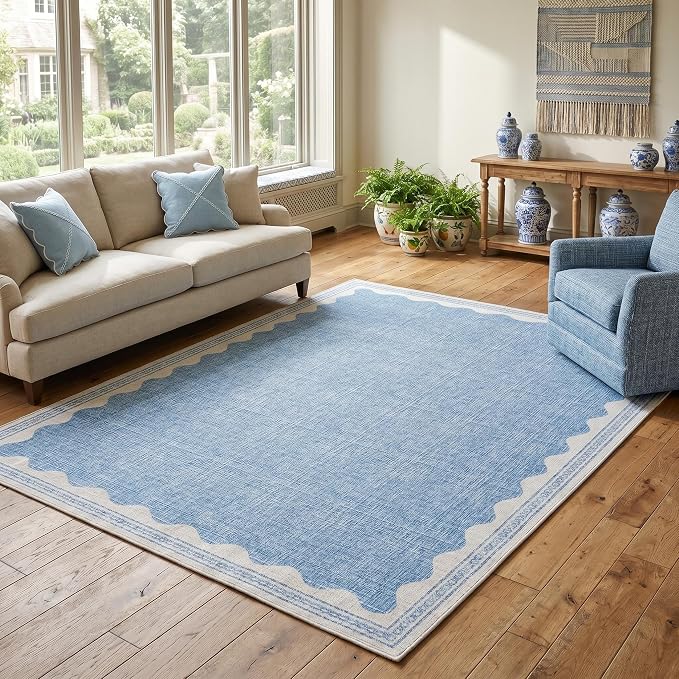 Garvee Entryway Rug 3x5 Washable Bordered Modern Rug Foldable Low Pile Blue | Stain-Resistant Carpet Ultra Soft Non Slip Lightweight Rugs Indoor Non-Shedding Mat for Kitchen Bedroom Nursery Entrance