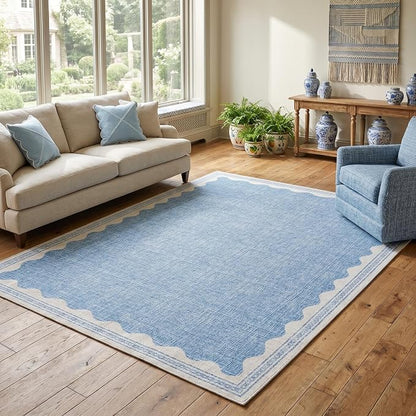 Garvee Entryway Rug 3x5 Washable Bordered Modern Rug Foldable Low Pile Blue | Stain-Resistant Carpet Ultra Soft Non Slip Lightweight Rugs Indoor Non-Shedding Mat for Kitchen Bedroom Nursery Entrance