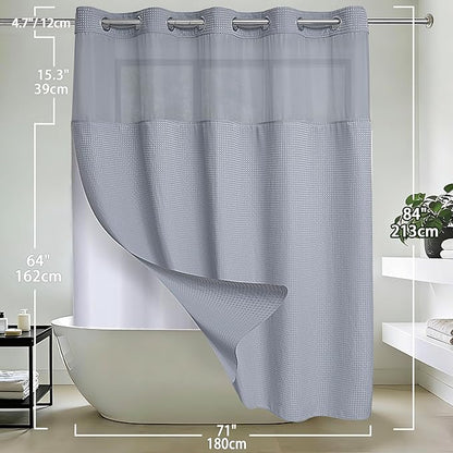 Conbo Mio Extra Long No Hook Waffle Weave Shower Curtain with Snap in Liner Set, Hotel Luxury Grey Shower Curtains for Bathroom with See Through Top Window, Waterproof, Washable 71W x 84H