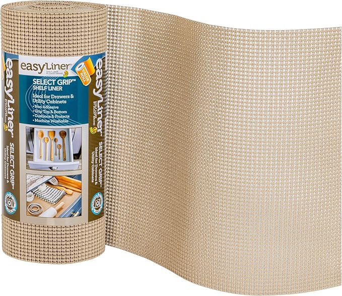 EasyLiner Select Grip Shelf Liner - Easy to Install & Cut to Fit - Non Slip, Non Adhesive, Drawer Shelf & Cabinet Liner for Kitchen, Bathroom, Pantry Cupboards - 12in. x 24ft. - Beige