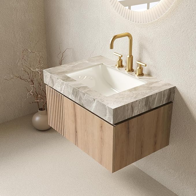 KEIKI 30 Inch Floating Bathroom Vanity with Sink, White Oak & Grey | Modern Wall Mounted Storage Cabinet w/ Drawer & Door, Pre-assembled Wood Panels, Sintered Stone Top & Ceramic Basin Combo Set