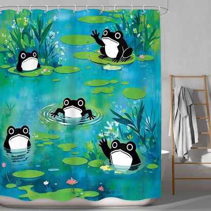 Funny Frog Cute Cartoon Animal Lotus Leaves Bathroom Shower Curtain Set | 60Wx71H Flowers Green waterproof HD print, quick-dry fabric, and 12 hooks for easy setup