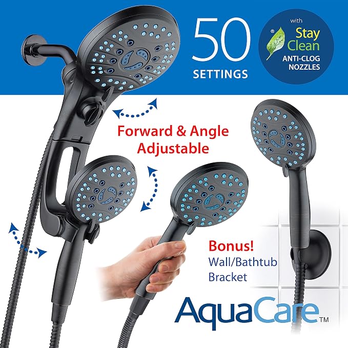 AquaCare 50-mode High Pressure Shower Head Combo with Arm & Dual Power Wash | Hygienic Jets, 2-mode Handheld Power Wash for Tub, Tile & Pets, Long 6 ft. Stainless Steel Hose, Extra Wall Bracket / Bronze