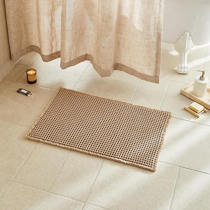 TYUU Waffle Bath Mat, Small Boho Bathroom Rugs Non Slip, 24x16 Khaki | Super Absorbent Quick Dry Bath Rug, Non-Slip Backing, Soft Waffle Washable Farmhouse Bathroom Mats, Tub, Shower & Home Decor