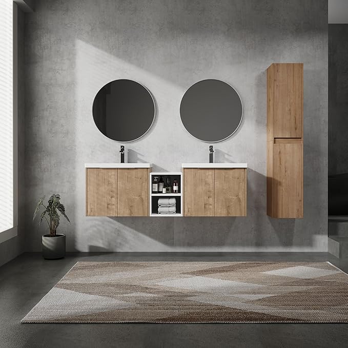 60" Floating Double Sink Bathroom Vanity Brown Wall Mount Bathroom Vanity Cabinet with Sink Combo, 60-Inch Bathroom Vanities Set with Open Storage Shelf & 2 Side Cabinet & 2 24in Bathroom Vanities
