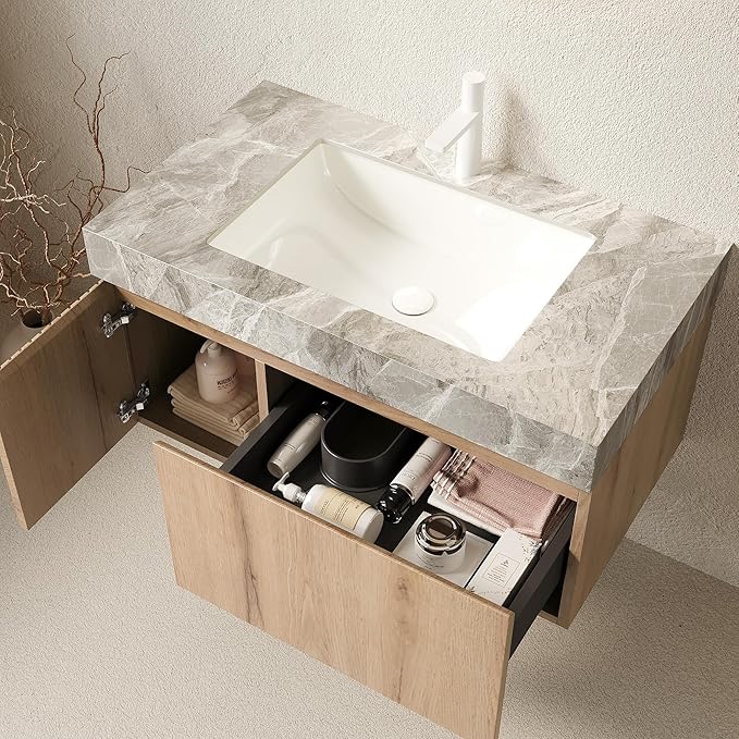 Ambrovina 36" Floating Bathroom Vanity with Sink, Modern Plywood Bathroom Storage Cabinet with Drawer and Door, Gray Sintered Stone Countertop and White Ceramic Basin, Pre-Assembled, Light Oak