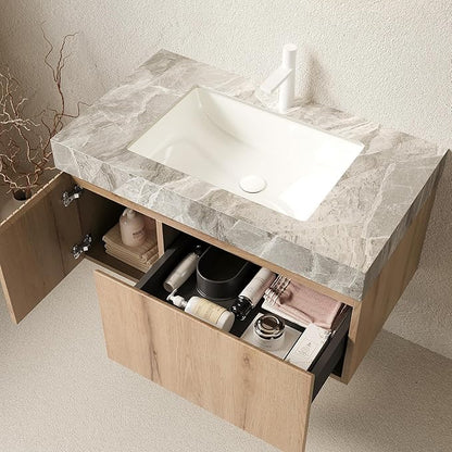 Ambrovina 36" Floating Bathroom Vanity with Sink, Modern Plywood Bathroom Storage Cabinet with Drawer and Door, Gray Sintered Stone Countertop and White Ceramic Basin, Pre-Assembled, Light Oak