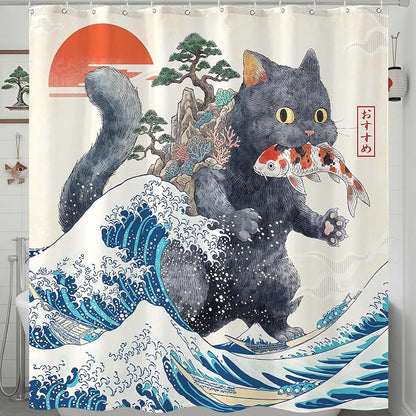 Accnicc Funny Cat Monster Shower Curtain for Bathroom 72 X 72 Inch | Fun Cool Black Cat Shower Curtains, Japanese Ocean Wave Kids Bath Curtain Decor, Water-Resistant Washable Polyester Fabric