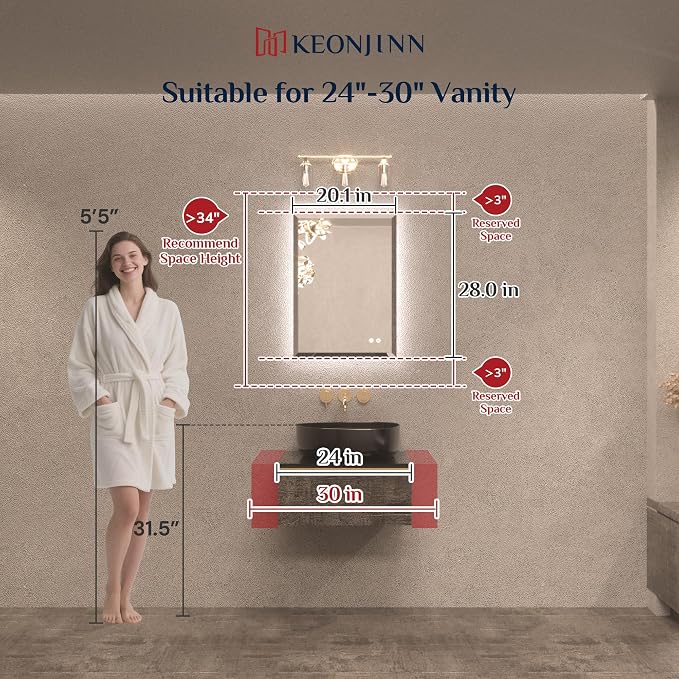 Keonjinn 20 x 28 Inch Backlit Mirror Bathroom, Beveled Edge Tempered Glass | Fast & Safe Defogging, Dimmable 3 Color Lights, Effortless French Cleat Installation, Smart LED Mirror for Bathroom, Barber