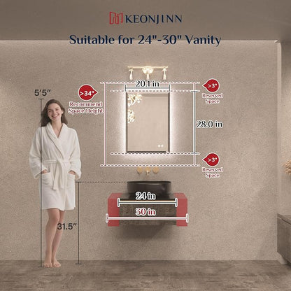 Keonjinn 20 x 28 Inch Backlit Mirror Bathroom, Beveled Edge Tempered Glass | Fast & Safe Defogging, Dimmable 3 Color Lights, Effortless French Cleat Installation, Smart LED Mirror for Bathroom, Barber