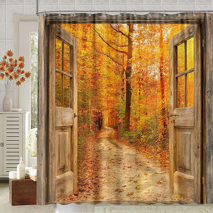 Boho Fall Forest Shower Curtain, Autumn Nature Jungle Woodland Maple Leaves Tree Shower Curtain Set, Rustic Barn Door Fabric Farmhouse Cabin Shower Curtain for Bathroom 12 Hooks, 72x72 Orange Yellow