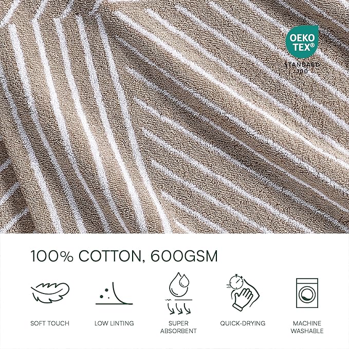 Lacoste Guethary Striped Towel – 100% Cotton, Reversible Modern Geometric Design, Soft & Absorbent, Durable & Lightweight, Machine Washable – Sand, 30"x54" Bath Towel
