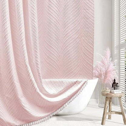 84in Extra Long Shower Curtain Pink Boho Shower Curtain with Tassel 72 x 84 Tufted Leaves Textured Striped Cute Shower Curtains for Bathroom