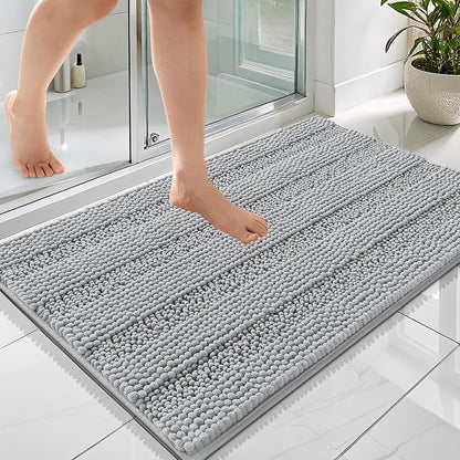 OLANLY Thick Bathroom Rugs 36x24, Chenille Striped Bath Rugs, Light Grey | Rubber Backing, Machine Wash, Extra Soft Absorbent Bath Mats for Bathroom Floor, Tub and Shower, Home Decor Accessories